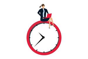 Flexible working hours, young man working with laptop on clock face. vector