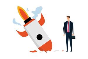 Fail start up business, depressed businessman company owner standing beside crash launching space rocket metaphor of new business failure. vector