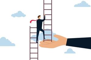 Helping hand, businessman climbing up to top of broken ladder with huge helping hand to connect to reach higher. vector