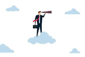 Business opportunity, smart businessman riding high cloud holding telescope or binocular to search for business visionary. vector