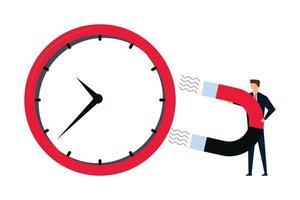 Time management, smart businessman using magnet to stop clock hand metaphor of time manipulation. vector