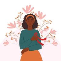 Afro Woman with a red ribbon on her chest is a symbol of the fight against AIDS. The concept of prevention of HIV infection. Vector flat illustration