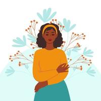 Black skinned woman hugs herself, concept of psychological health and self love. Vector illustration