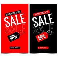 Vector banner template design for sale and discount announcement and promotion with label or tag indicating 50 percent price reduction on black and red background. Ready to print illustration.