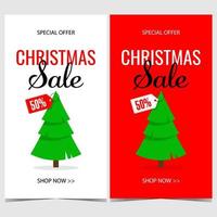 Christmas sale banner with 50 percent discount label or price tag hanging on a pine-tree. Vector poster or flyer for Christmas sale promotion during winter holidays shopping season. Ready to print.