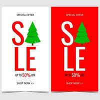 Christmas sale banner in minimalist modern style. Discount and sale poster design template with integrated Christmas tree or pine on red or white background. Vector illustration in flat style.
