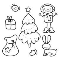 Set of Christmas elements in Doodle Style. Linear vector