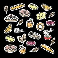 A collection of bakery and pastry stickers, hand-drawn sketch-style doodle elements. Different kinds of bread, croissant, baguette, scones, muffin, muffin. Wheat. Vector cute illustrations on black