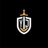 creative letter yj logo gaming esport con ideas de diseño de escudo y espada vector