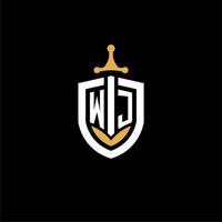 Creative letter WJ logo gaming esport with shield and sword design ideas vector