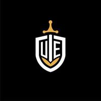 creative letter ue logo gaming esport con ideas de diseño de escudo y espada vector