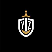 Creative letter yz logo gaming esport con ideas de diseño de escudo y espada vector