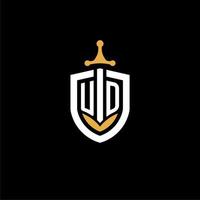 Creative letter UD logo gaming esport with shield and sword design ideas vector