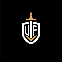 Creative letter UF logo gaming esport with shield and sword design ideas vector