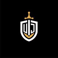 Creative letter uj logo gaming esport con ideas de diseño de escudo y espada vector