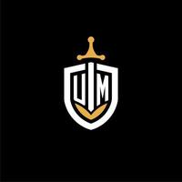 Creative letter UM logo gaming esport with shield and sword design ideas vector