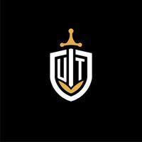 Creative letter UT logo gaming esport with shield and sword design ideas vector