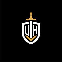 Creative letter uh logo gaming esport con ideas de diseño de escudo y espada vector