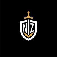 creative letter nz logo gaming esport con ideas de diseño de escudo y espada vector