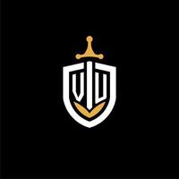 Creative letter VU logo gaming esport with shield and sword design ideas vector