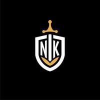 Creative letter nk logo gaming esport con ideas de diseño de escudo y espada vector