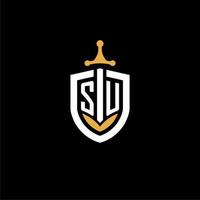 Creative letter SU logo gaming esport with shield and sword design ideas vector