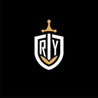 Creative letter ry logo gaming esport con ideas de diseño de escudo y espada vector
