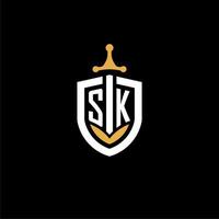 Creative letter SK logo gaming esport with shield and sword design ideas vector