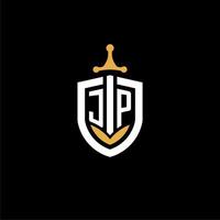 Creative letter JP logo gaming esport with shield and sword design ideas vector