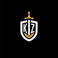 Creative letter KZ logo gaming esport with shield and sword design ideas vector