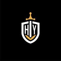 Creative letter hy logo gaming esport con ideas de diseño de escudo y espada vector