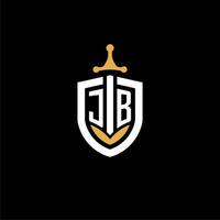 Creative letter jb logo gaming esport con ideas de diseño de escudo y espada vector