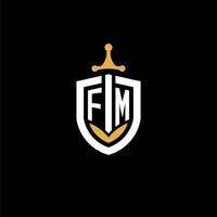 creative letter fm logo gaming esport con ideas de diseño de escudo y espada vector