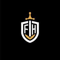 Creative letter FH logo gaming esport with shield and sword design ideas vector