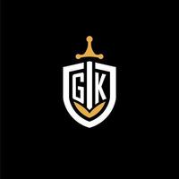 Creative letter GK logo gaming esport with shield and sword design ideas vector