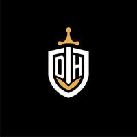 Creative letter DH logo gaming esport with shield and sword design ideas vector