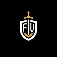 creative letter fv logo gaming esport con ideas de diseño de escudo y espada vector