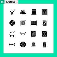 Group of 16 Modern Solid Glyphs Set for food photography sun photographer top hat Editable Vector Design Elements