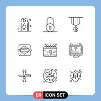 User Interface Pack of 9 Basic Outlines of calendar bread roller badge baking star Editable Vector Design Elements