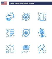 Set of 9 Modern Blues pack on USA Independence Day police usa monument flag heart Editable USA Day Vector Design Elements