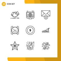 Stock Vector Icon Pack of 9 Line Signs and Symbols for coin decorate world watch clock Editable Vector Design Elements