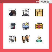 paquete de 9 signos y símbolos modernos de colores planos de línea rellena para medios de impresión web, como elementos de diseño de vectores editables de la sección de calculadora de configuración matemática de visualización