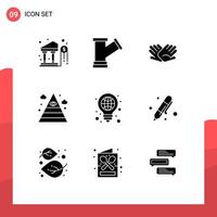 Group of 9 Solid Glyphs Signs and Symbols for idea pyramid charity illuminati relations Editable Vector Design Elements