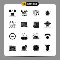 16 símbolos de glifo de paquete de iconos negros signos para diseños receptivos sobre fondo blanco 16 iconos establecen fondo de vector de icono negro creativo