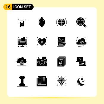 Universal Icon Symbols Group of 16 Modern Solid Glyphs of monitor chart arrow graph shop Editable Vector Design Elements