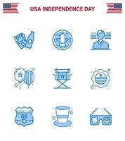 Happy Independence Day 4th July Set of 9 Blues American Pictograph of star director american chair day Editable USA Day Vector Design Elements