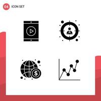 4 Universal Solid Glyph Signs Symbols of cinema economy movie search international Editable Vector Design Elements