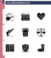 9 iconos creativos de estados unidos, signos de independencia modernos y símbolos del 4 de julio de estados unidos, comida rápida, frise americano, arma editable, elementos de diseño de vectores del día de estados unidos