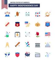 Group of 25 Flats Set for Independence day of United States of America such as yummy donut date garland decoration Editable USA Day Vector Design Elements