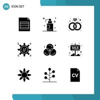 Group of 9 Modern Solid Glyphs Set for graphic color ring circle marketing technology Editable Vector Design Elements